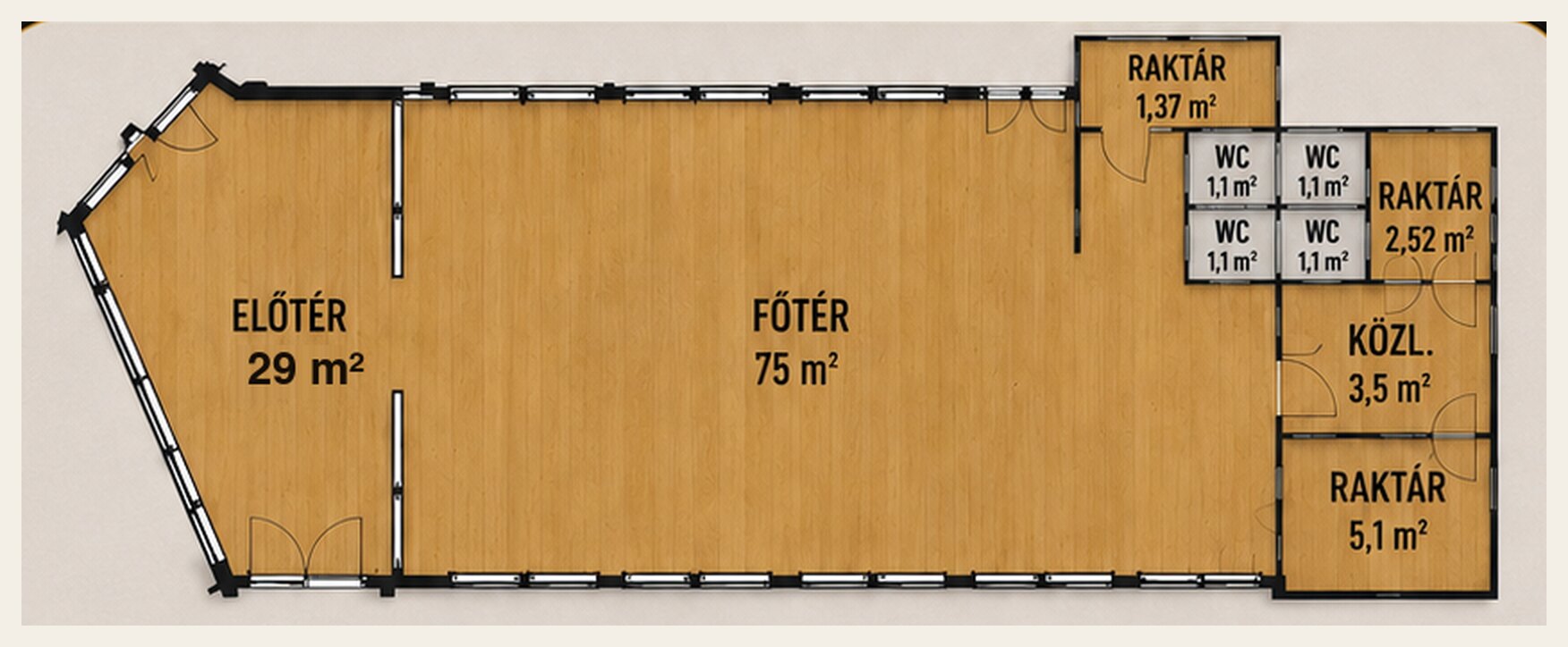 A 130 m²-es üzlethelyiség méretezett alaprajza